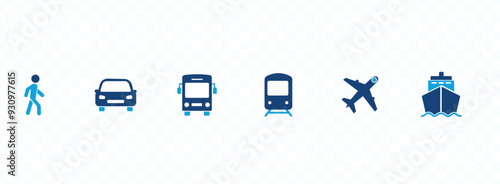 Transport icons set. Auto, bus, train, ship, plane and on foot. Public, travel and delivery transport icons. Vector illustration