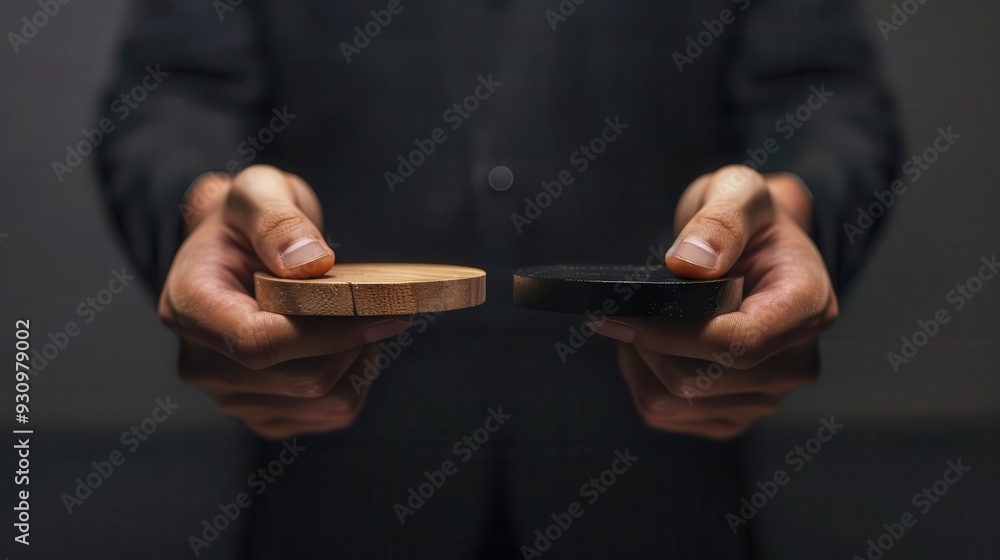 A person in a suit holds two contrasting round objects, one wooden and one black, symbolizing choice and decision-making. A person in a suit holds two contrasting round objects, one wooden and one black, symbolizing choice and decision-making.