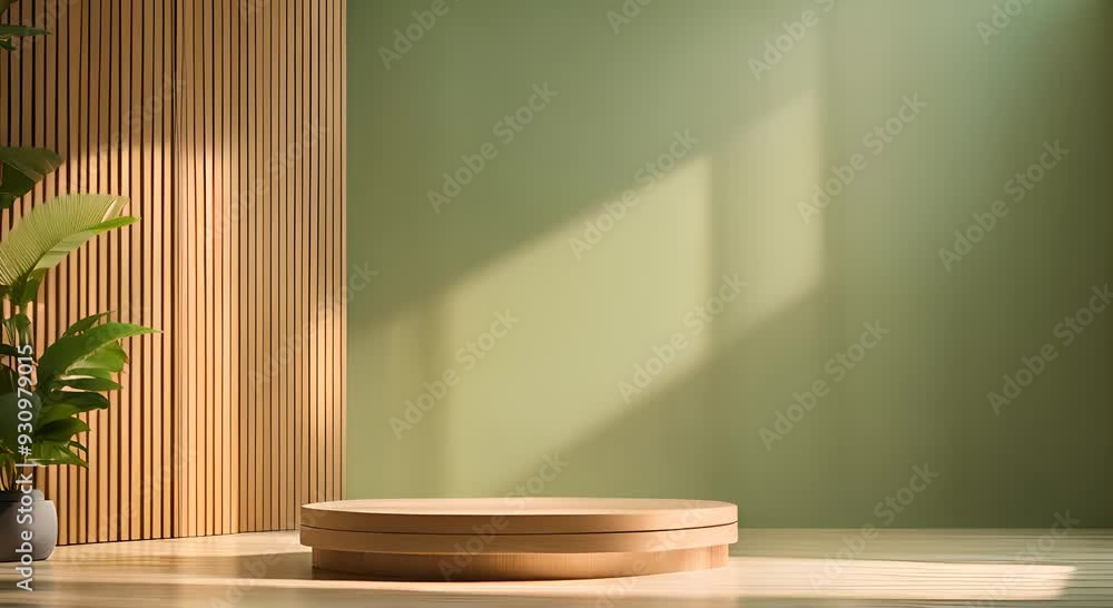 Tropical leaves cast soft shadows on the light green wall, where a minimalist wooden platform rests in a sunlit, tranquil display Tropical leaves cast soft shadows on the light green wall, where a minimalist wooden platform rests in a sunlit, tranquil display
