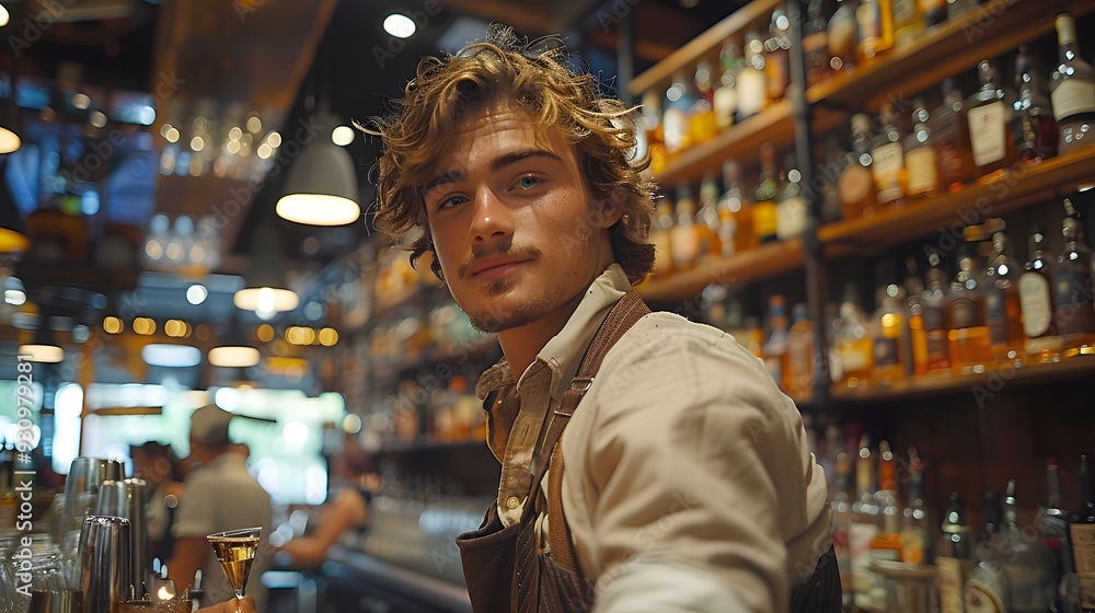 12. Bartender mixing a drink using a jigger to measure ingredients, with shelves of spirits in the background 12. Bartender mixing a drink using a jigger to measure ingredients, with shelves of spirits in the background