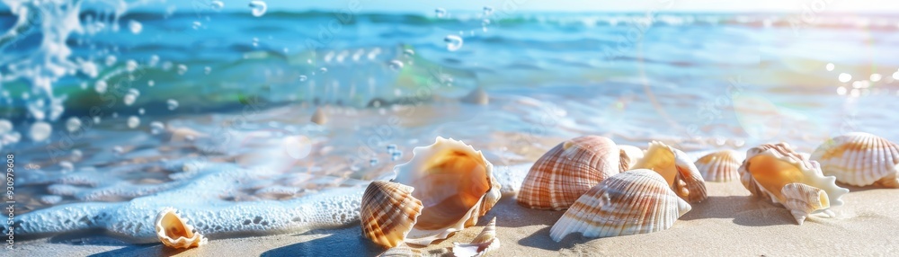 Beautiful seashells on a sandy beach with ocean waves in the background, depicting a serene coastal scene with sunlight gleaming on the water. Beautiful seashells on a sandy beach with ocean waves in the background, depicting a serene coastal scene with sunlight gleaming on the water.