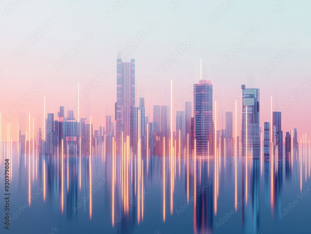 Futuristic Cityscape with Skyscrapers and Neon Lights Reflecting on Water at Sunset Futuristic Cityscape with Skyscrapers and Neon Lights Reflecting on Water at Sunset