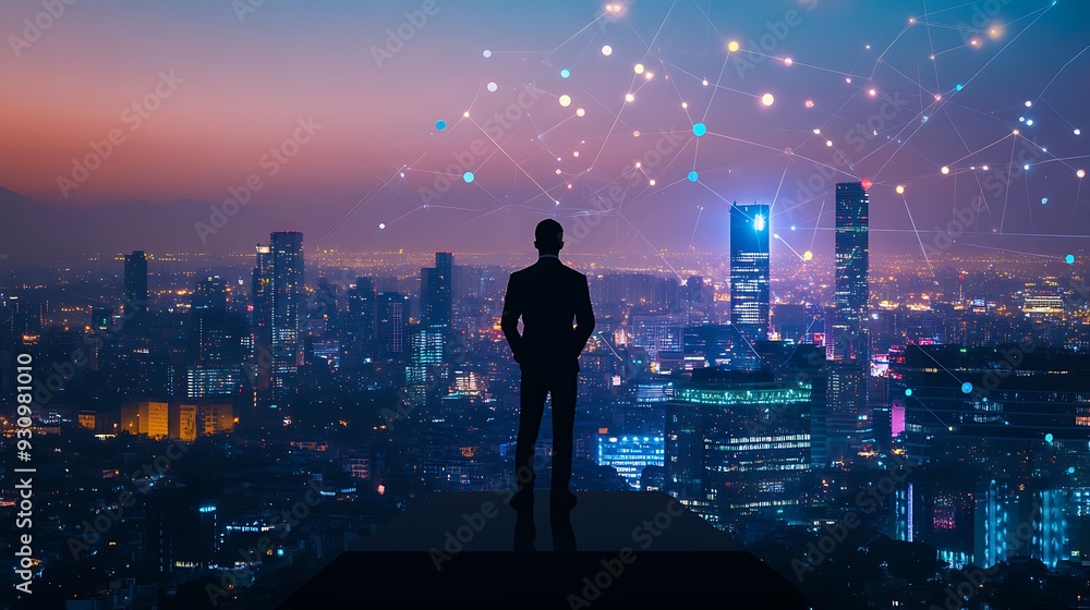Silhouette of a Man Against a Cityscape at Night Silhouette of a Man Against a Cityscape at Night