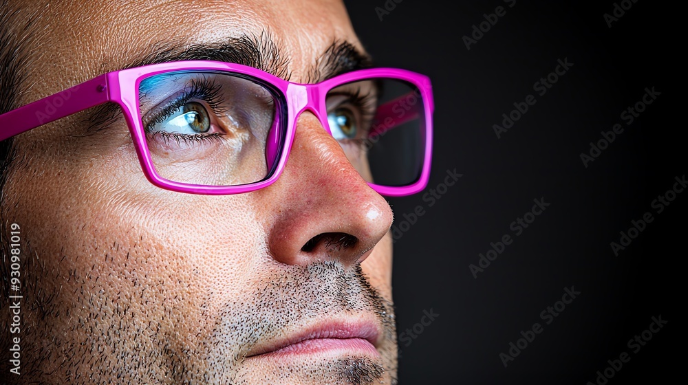 Close-up portrait of a thoughtful individual wearing vibrant pink glasses, highlighting a focused expression and unique style. data analyst, focus, financial charts, computer screens. Close-up portrait of a thoughtful individual wearing vibrant pink glasses, highlighting a focused expression and unique style. data analyst, focus, financial charts, computer screens.
