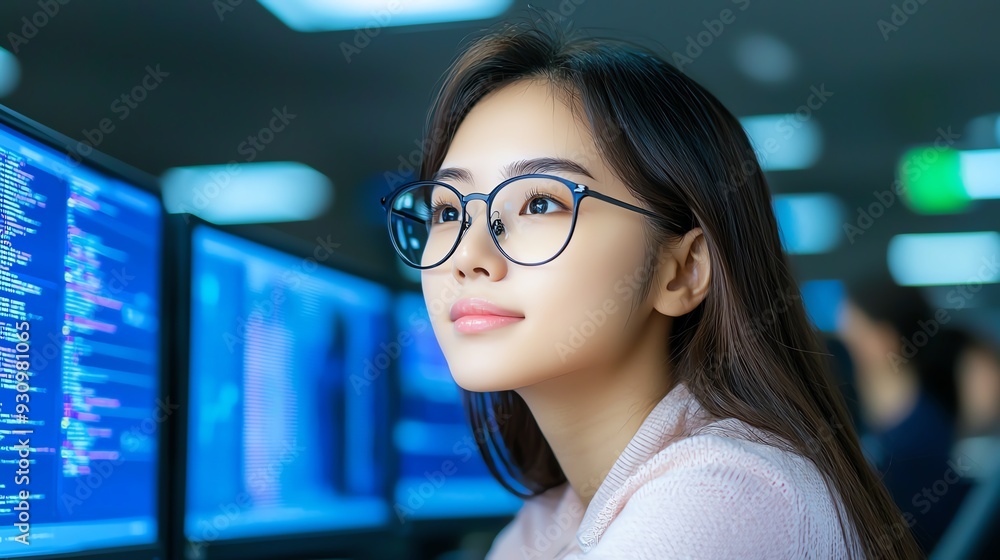 A focused woman in glasses gazes thoughtfully at computer screens while working on software development. data analyst, focus, financial charts, computer screens. A focused woman in glasses gazes thoughtfully at computer screens while working on software development. data analyst, focus, financial charts, computer screens.