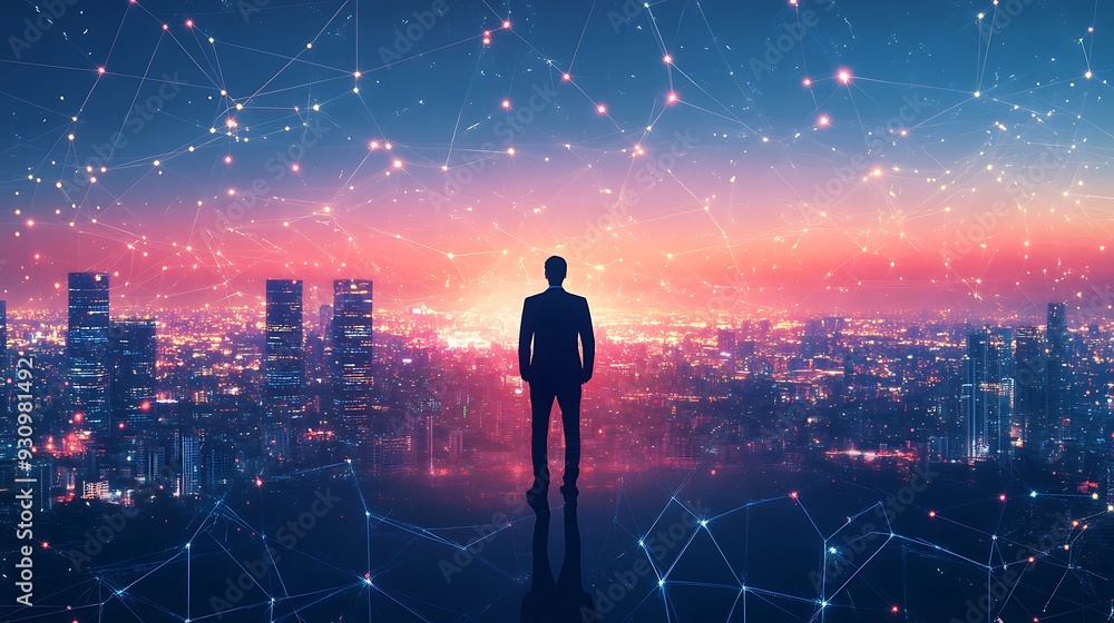 Silhouette of a Man in a Cityscape with Digital Network Overlay Silhouette of a Man in a Cityscape with Digital Network Overlay