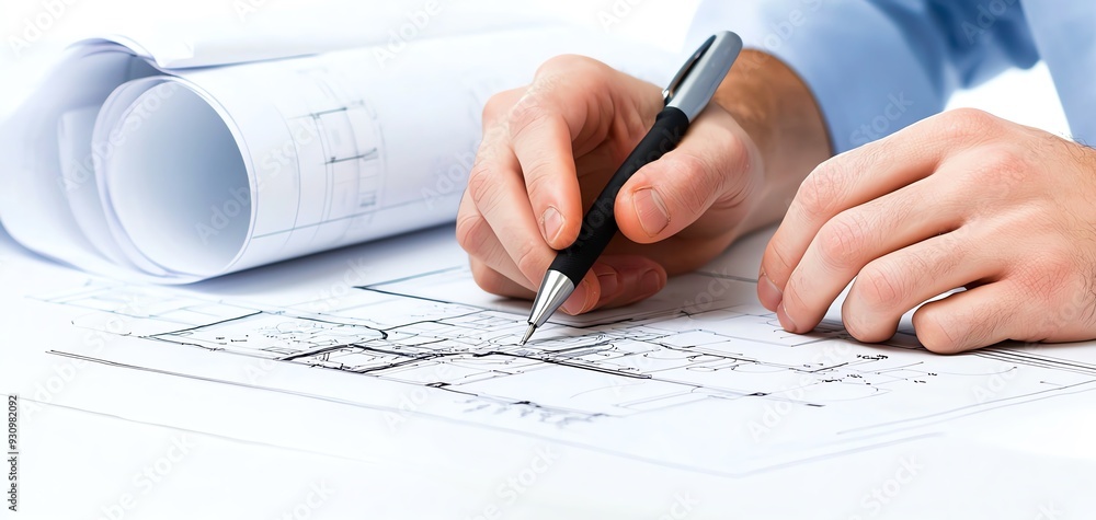 A close-up of hands holding a pen, writing on architectural blueprints, showcasing detailed planning and design. A close-up of hands holding a pen, writing on architectural blueprints, showcasing detailed planning and design.