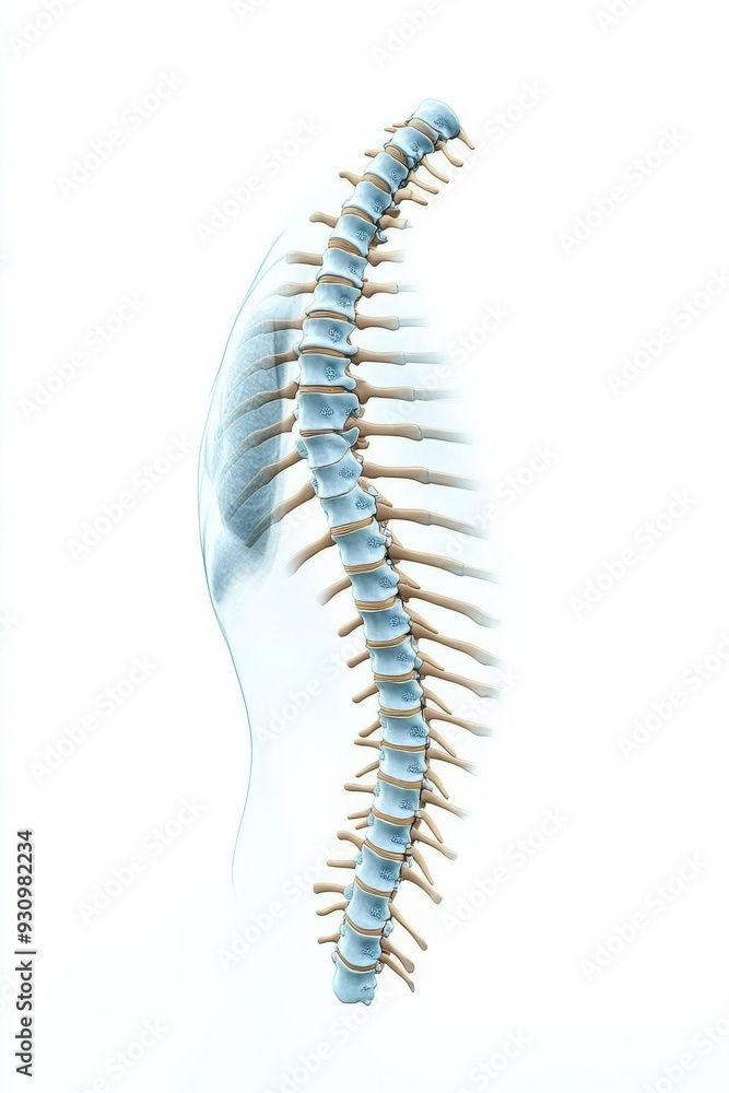 A minimalist design with a detailed 3D Xray of the human spine, set against a white background to emphasize medical accuracy A minimalist design with a detailed 3D Xray of the human spine, set against a white background to emphasize medical accuracy