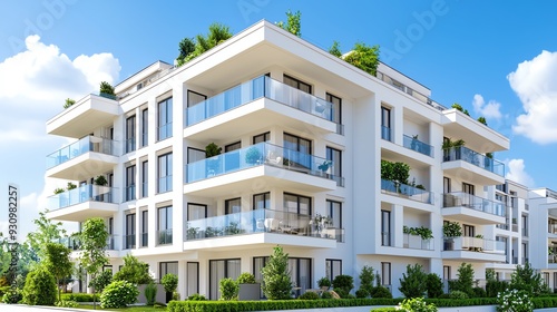 Modern apartment building with balconies and greenery under a clear blue sky, showcasing contemporary architecture.