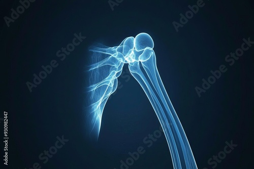 X-ray image of a shoulder joint highlighting bones and structures with a dark blue background, ideal for medical and anatomical references.