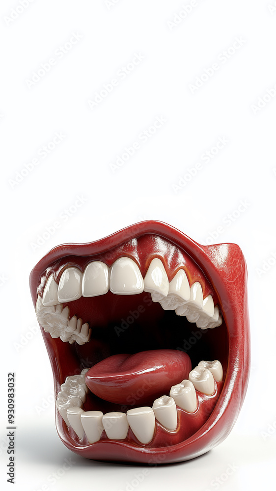 Fototapeta premium Open mouth with funny denture, white teeth and red tongue, isolated on white background, copy space for your text, aspect ratio 9:16