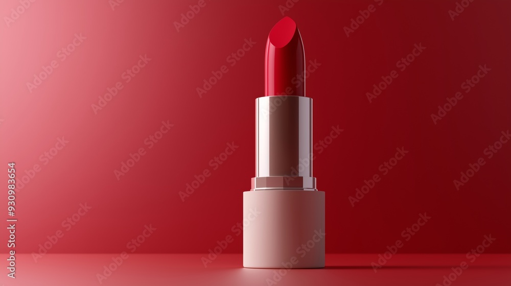 Red lipstick placed elegantly on a gradient backdrop showcasing its texture and shine in a minimalistic setting. Red lipstick placed elegantly on a gradient backdrop showcasing its texture and shine in a minimalistic setting.