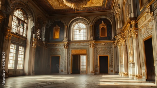 A grand, empty room with ornate walls and tall windows, sunlight streaming through.