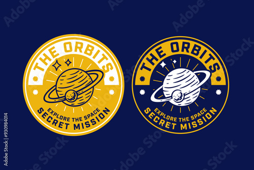 planet and moon orb galaxy space vintage badge logo vector collection design for astronaut, adventure and scientist. saturn, jupiter, uranus and neptune planet emblem logo set