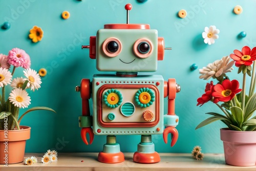 Cheerful Retro Toy Robot Surrounded by Colorful Flowers on Turquoise Background