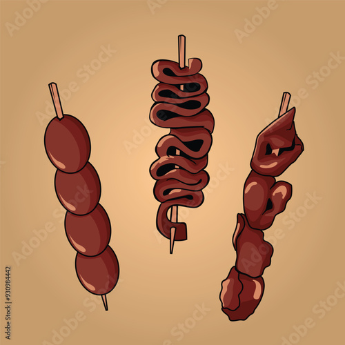 set of satay usually found in street food in indonesia, sate usus, sate ati, sate telur puyuh