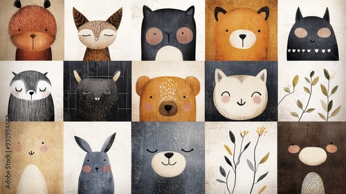 Colorful animal illustrations featuring bears, foxes, owls, and more in a charming and whimsical design. photo