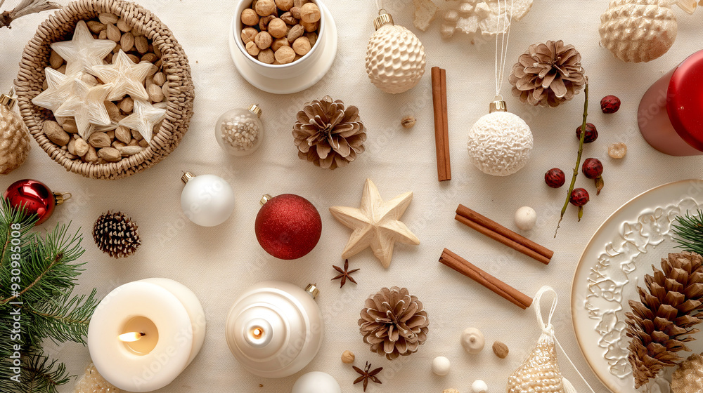 Christmas ornaments decorations with red ball Flat lay on white or beige color background. Top view, Greeting card Christmas ornaments decorations with red ball Flat lay on white or beige color background. Top view, Greeting card