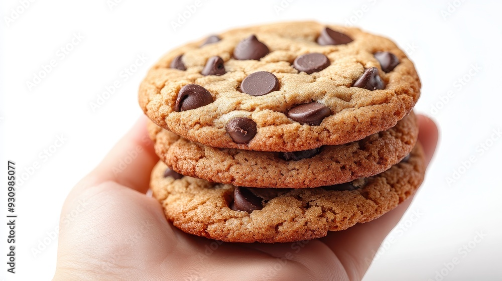 Hand Holding a Stack of Freshly Baked Chocolate Chip Cookies on a White Background
Hand Holding a Stack of Freshly Baked Chocolate Chip Cookies on a White Background