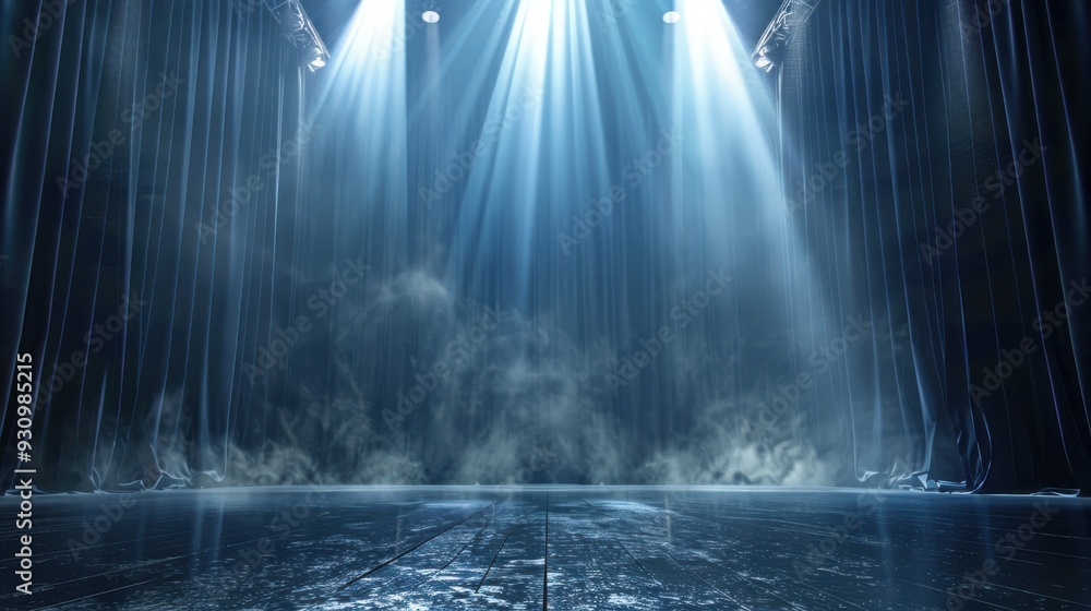 Fototapeta premium A dramatic stage background with dark curtains, spotlight beams, and a sense of anticipation and excitement, setting the perfect scene for a theatrical performance or event