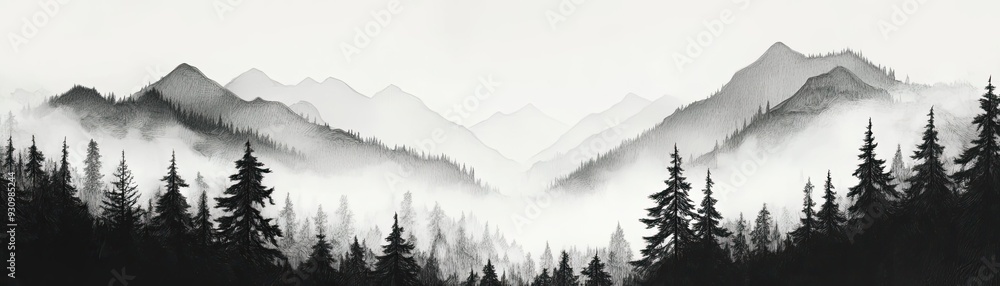 Fototapeta premium A serene monochrome mountain landscape enveloped in mist, featuring lush trees silhouetted against the foggy backdrop.