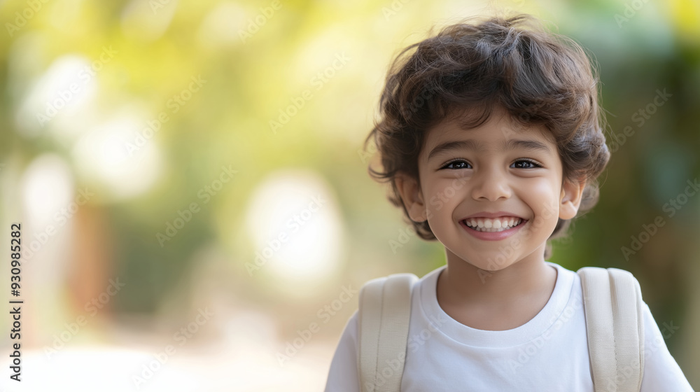 Happy child smiles with backpack in a sunny outdoor setting. Happy child smiles with backpack in a sunny outdoor setting.