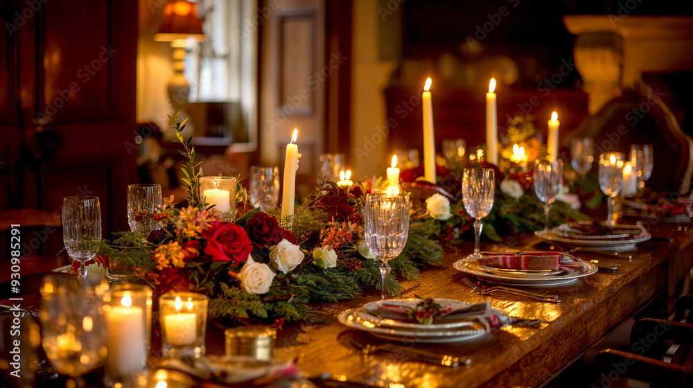 New Year's festive table setting, Elegant dinner set up with candle light, cutlery, decorations New Year's festive table setting, Elegant dinner set up with candle light, cutlery, decorations