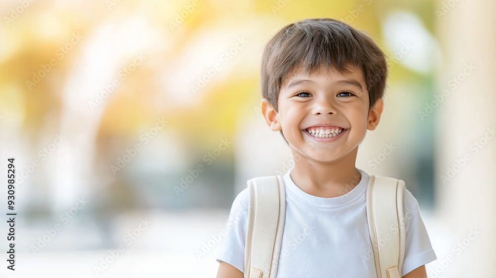 A cheerful young boy stands outside, wearing a t-shirt and a backpack, smiling joyfully against a softly blurred background. A cheerful young boy stands outside, wearing a t-shirt and a backpack, smiling joyfully against a softly blurred background.
