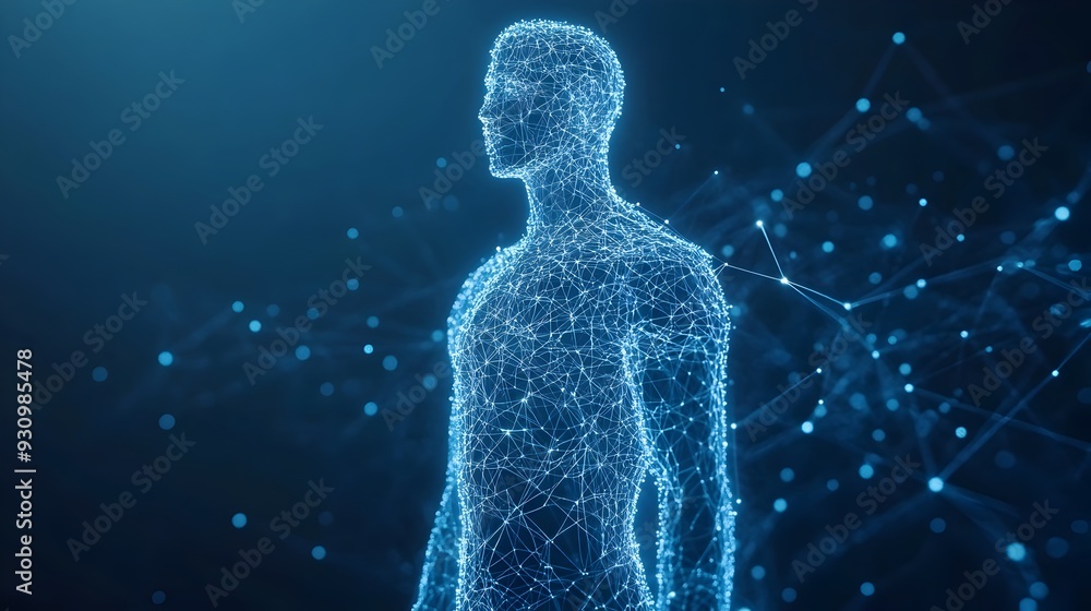A 3D rendered image featuring an abstract human figure composed of interconnected lines and data points symbolizing the concept of personalized medicine and genomic tailoring A 3D rendered image featuring an abstract human figure composed of interconnected lines and data points symbolizing the concept of personalized medicine and genomic tailoring