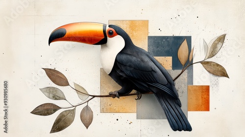 Vibrant toucan perched on a branch, surrounded by geometric shapes and earthy tones, creating a stunning visual appeal. photo