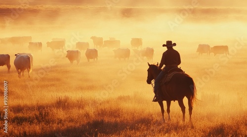 A skilled cowboy guides cattle through a misty landscape at sunrise, capturing the vibrant spirit and heritage of the American West, showcasing harmony between nature and tradition