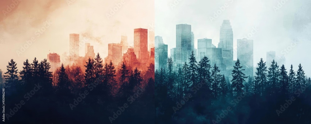 Obraz premium A stunning city skyline emerges from a misty forest, showcasing a dramatic contrast between vibrant colors and tranquil nature.
