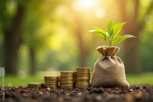 A growing tree with a pile of gold coins and a bag of money. Generative AI