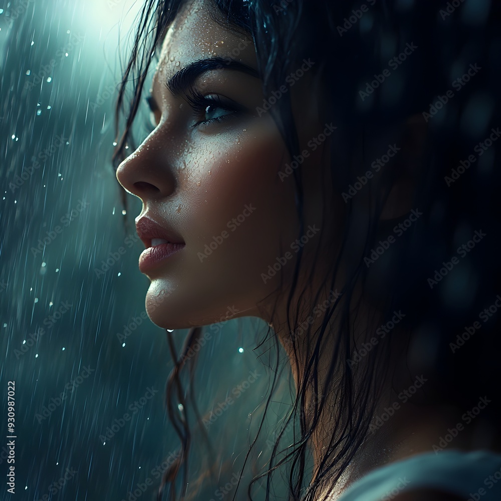 Pensive Elegance Amid the Storm Captivating Portrait of a Woman in the Rain Her Makeup Subtly Smudged Conveying a Sense of Deep Contemplation and Emotional Depth Pensive Elegance Amid the Storm Captivating Portrait of a Woman in the Rain Her Makeup Subtly Smudged Conveying a Sense of Deep Contemplation and Emotional Depth