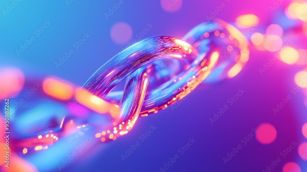 Obraz premium Digital chain link glowing in vibrant purple and blue light against a blurred background.