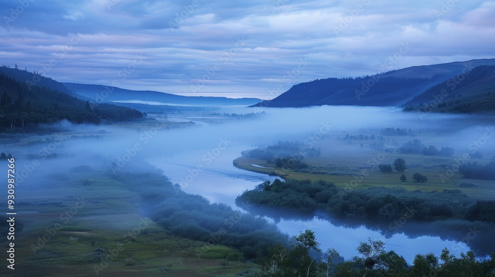 Fog blankets valleys and rivers, adding an ethereal touch to the early morning landscape. Fog blankets valleys and rivers, adding an ethereal touch to the early morning landscape.