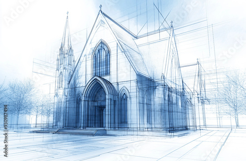 Architectural Blueprint of a Church Detailing Structural Elements and Landscape Design in a 3D Architectural Rendering