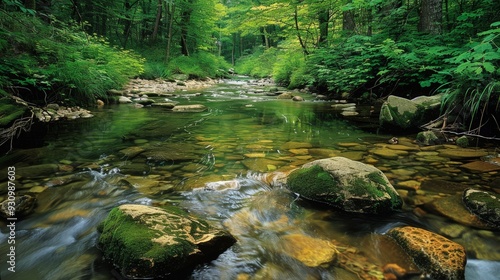 Forest streams babble over rocks, their clear waters reflecting the greenery of their surroundings.
