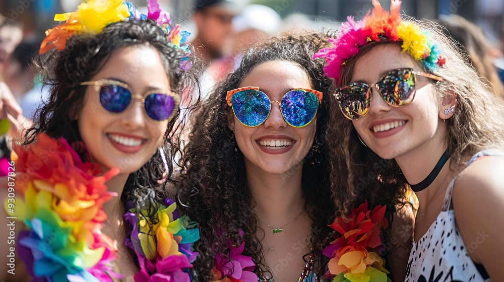 Obraz premium Three happy young women smiling at a pride parade wearing colorful flower garlands and sunglasses.
