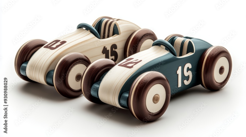 Two charming wooden toy cars in classic designs, perfect for children's play and decorative purposes. Two charming wooden toy cars in classic designs, perfect for children's play and decorative purposes.