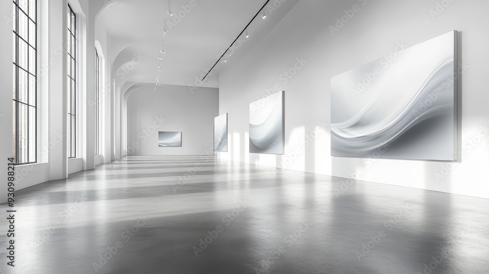 Modern Gallery Interior with Abstract Art and Grey Concrete Floor