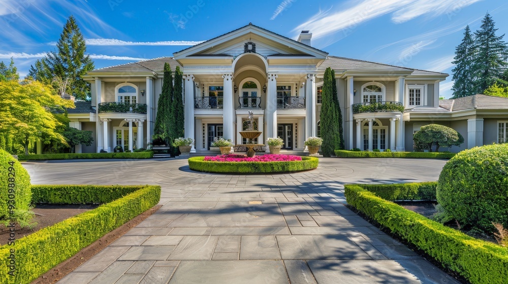 Fototapeta premium Generate a photo of a luxurious mansion exterior featuring grand columns, a circular driveway, and meticulously manicured gardens, highlighting opulence and sophistication.
