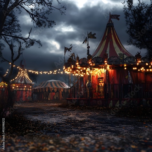 Haunting 3D Rendering of a Sinister Halloween Circus Freak Show   Surreal Macabre and Disturbing Digital Artwork with Eerie Ghoulish and Bizarre Elements photo