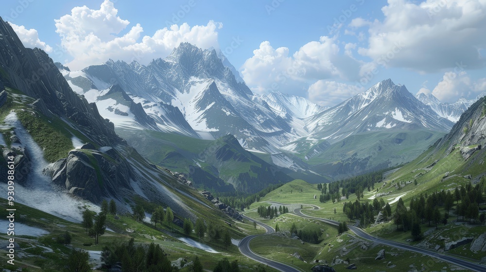Obraz premium A remote mountain pass with narrow, winding roads and stunning views of peaks and valleys.