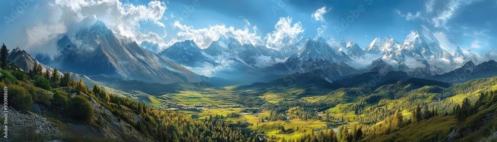 Fototapeta premium Breathtaking panoramic view of majestic mountains and a vibrant green valley under a clear blue sky with scattered clouds.