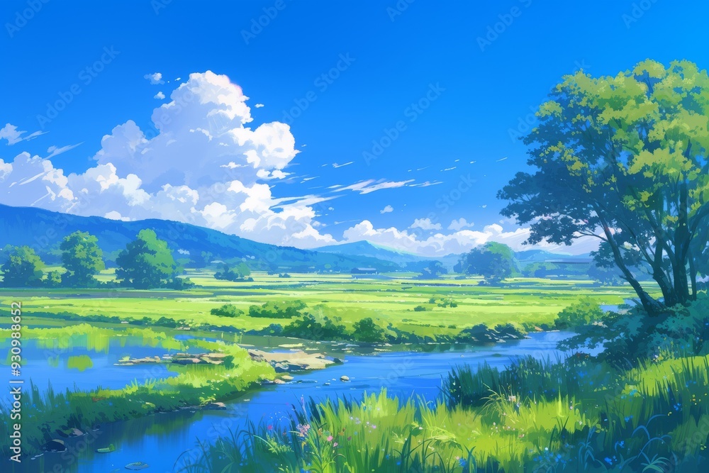 Peaceful countryside landscape with a river, mountains, lush green grass, and blue sky. Concept of serenity, nature, tranquility, and relaxation Peaceful countryside landscape with a river, mountains, lush green grass, and blue sky. Concept of serenity, nature, tranquility, and relaxation