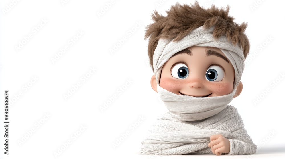 A cheerful cartoon boy wrapped in bandages, showcasing a playful and lighthearted spirit with a bright smile. A cheerful cartoon boy wrapped in bandages, showcasing a playful and lighthearted spirit with a bright smile.