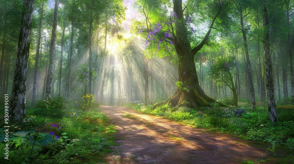 Fototapeta premium Sunbeams in a Lush Forest Path