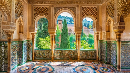 Generate an image of the Alhambra in Spain, highlighting its Moorish architectural elements, intricate tile work, and beautiful gardens.