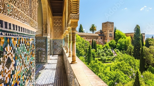 Generate an image of the Alhambra in Spain, highlighting its Moorish architectural elements, intricate tile work, and beautiful gardens.